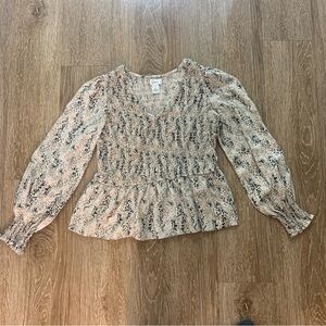 Japna Cream and Black Smocked Peplum V-Neck Blouse